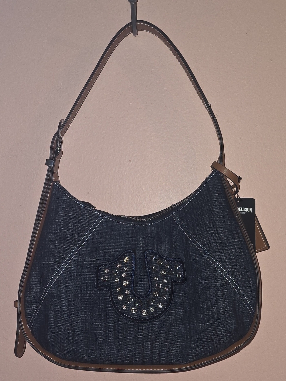 True Religion Denim Blue Shoulder Bag Studded Logo Silver Hardware New with Tags